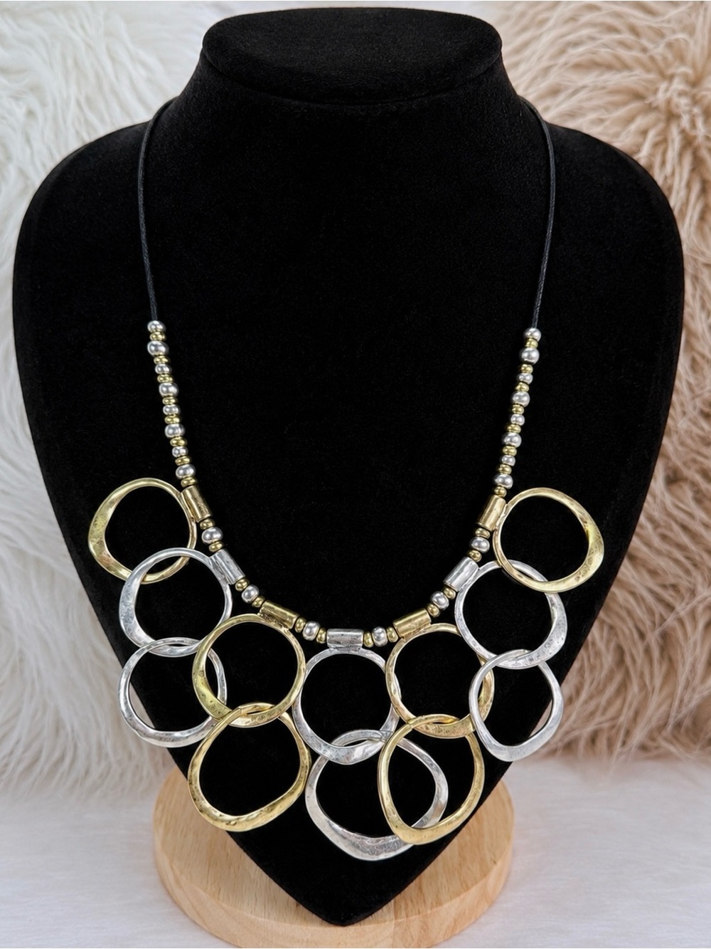 Mixed Metal Oversized Circle Bib Necklace Gold Silver Hammered Statement